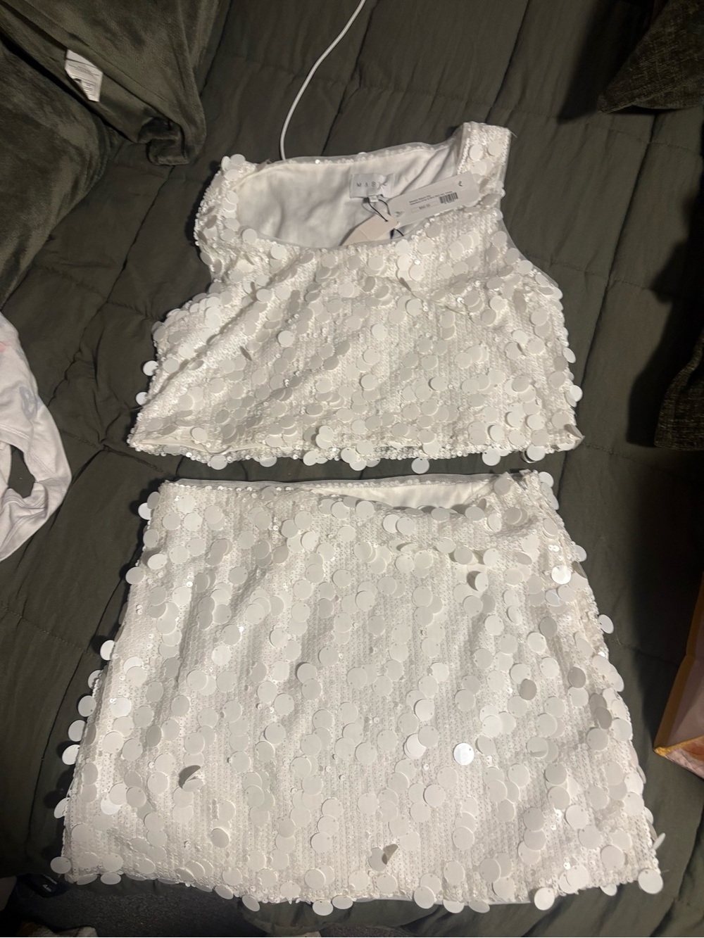 Womens White Sequin Two-Piece Halter Top & Skirt Set